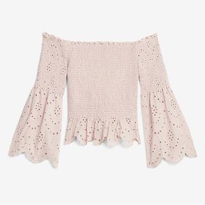Express smocked eyelet bell sleeve pink top